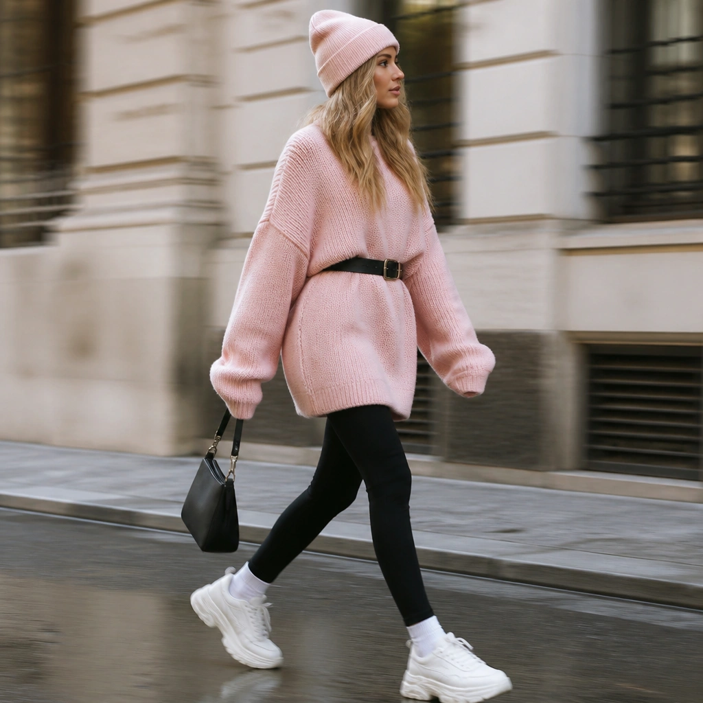 Oversized light pink sweater worn over black leggings, with a belt at the waist, white chunky sneakers, and a beanie; street-style photo with motion blur.