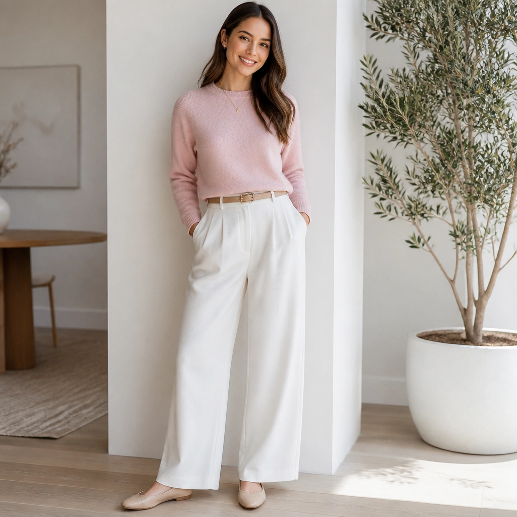 Light pink sweater with a crew neck tucked into white wide-leg trousers, tan belt, nude flats, and minimal jewelry; bright indoor background.