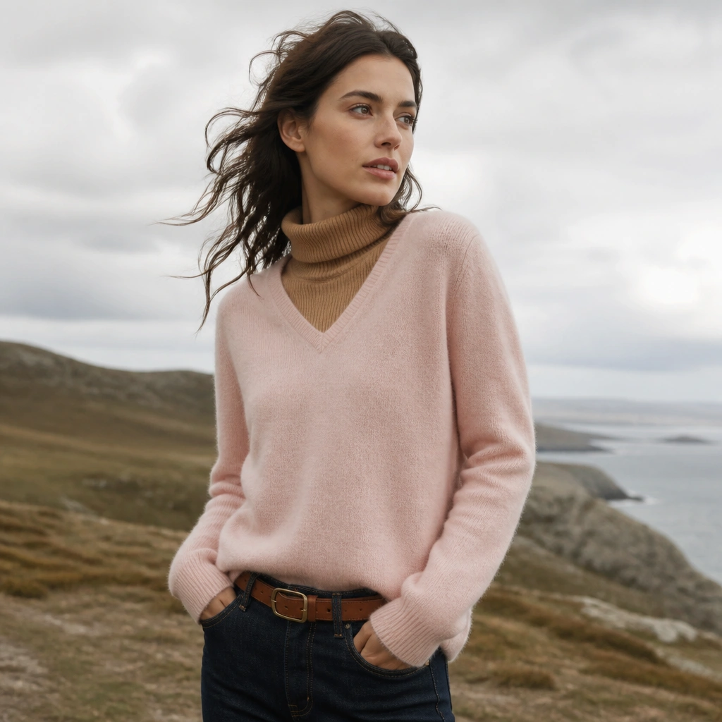 Light pink sweater layered over a camel turtleneck, with dark-wash jeans and brown leather belt; outdoor photo with cloudy sky.