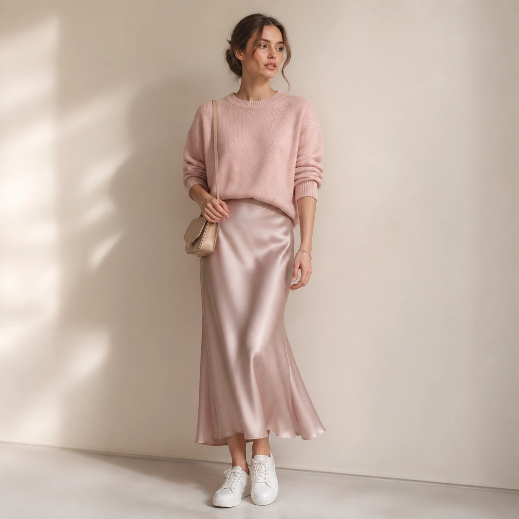 Light pink sweater paired with a blush satin slip skirt, white sneakers, and a small shoulder bag; studio background with soft highlights.