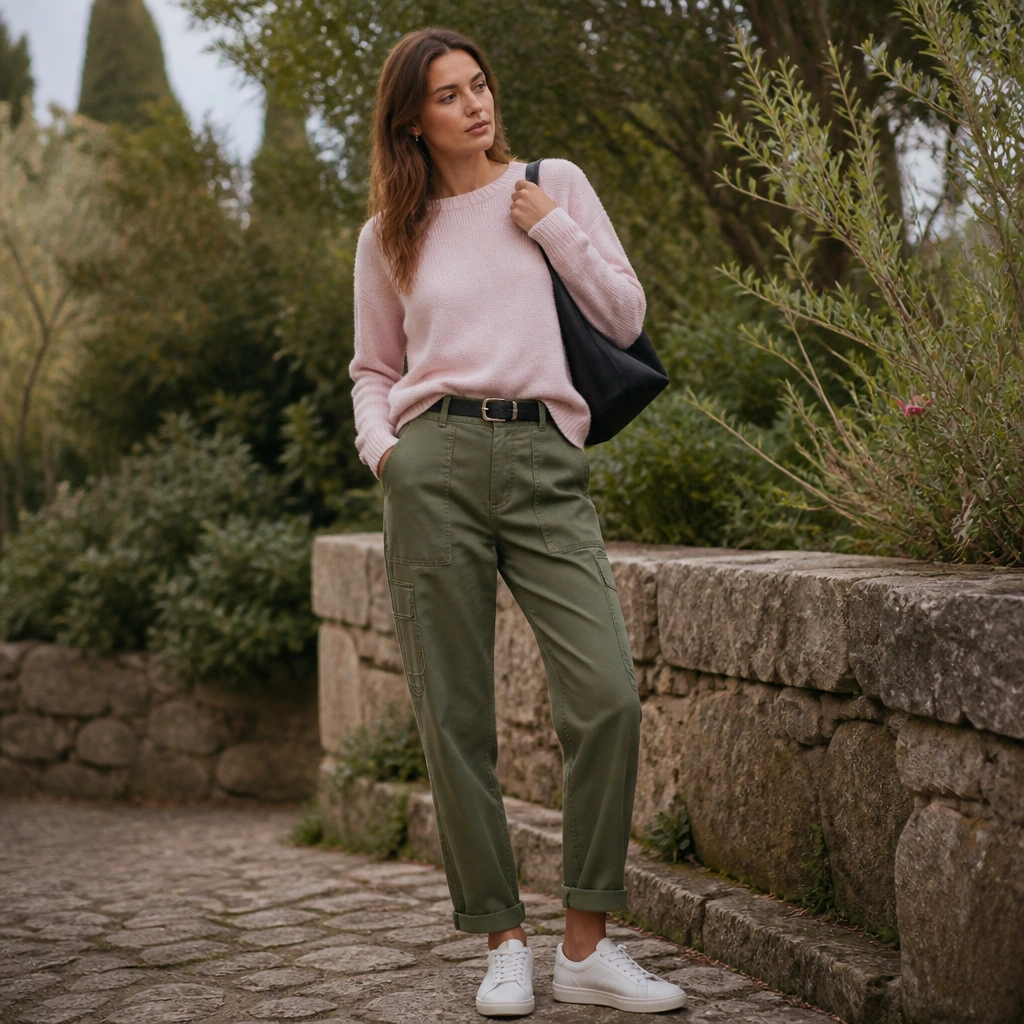 Light pink sweater styled with olive green utility pants, black belt, and white low-top sneakers; outdoors near greenery.