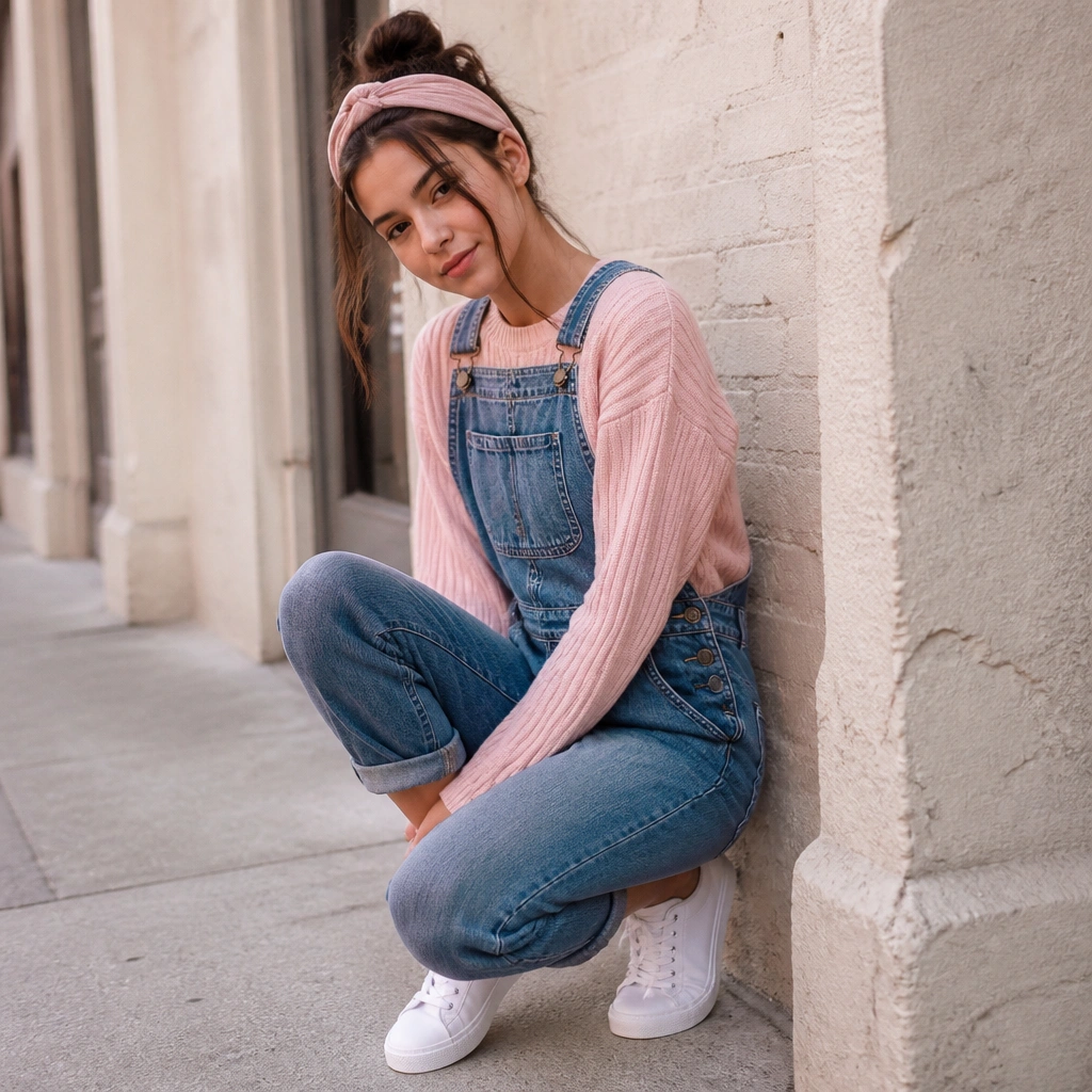 Ribbed light pink sweater worn underneath denim overalls, with white sneakers and a pink headband; casual street photo.