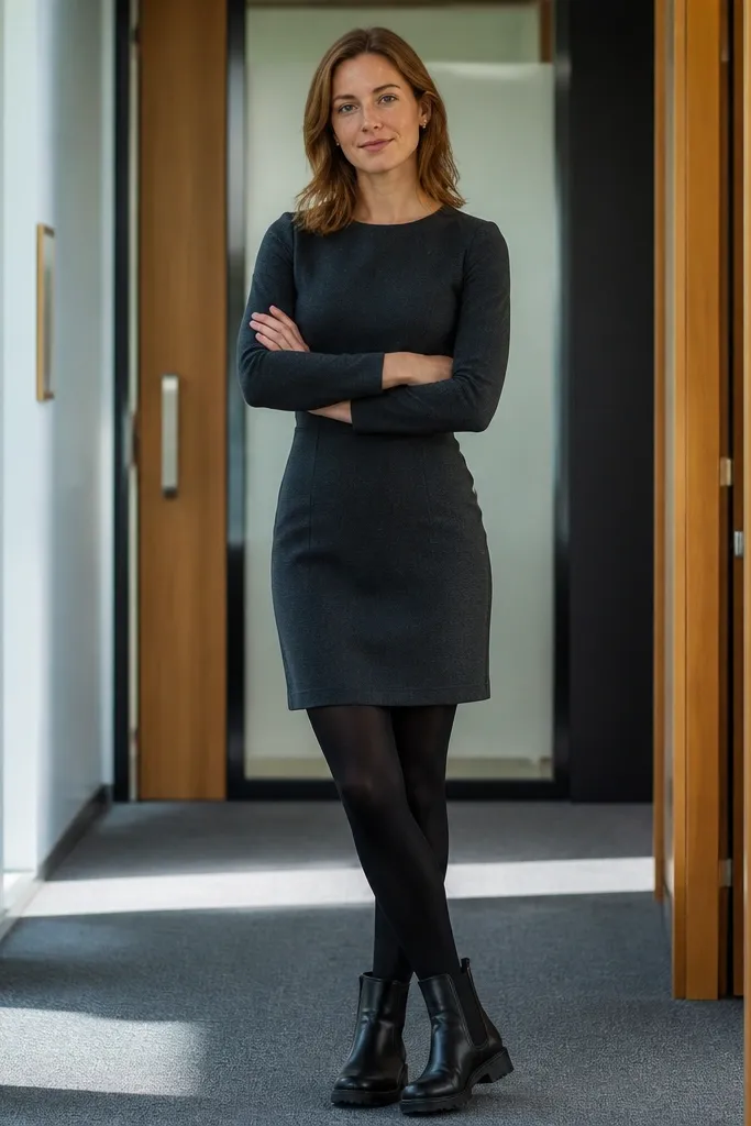 Charcoal blazer dress with black tights and black Chelsea boots