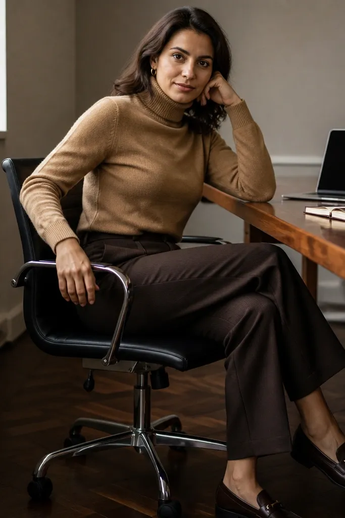 Camel turtleneck sweater with espresso trousers and dark brown loafers