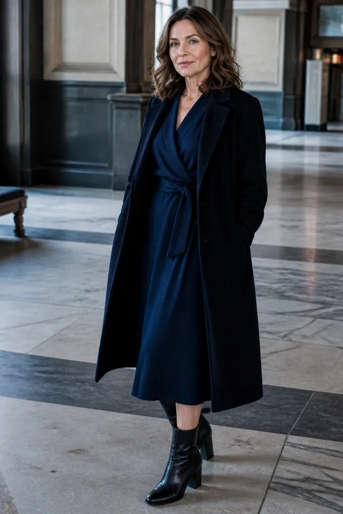 Navy wrap dress with a wool coat and dark block-heel boots