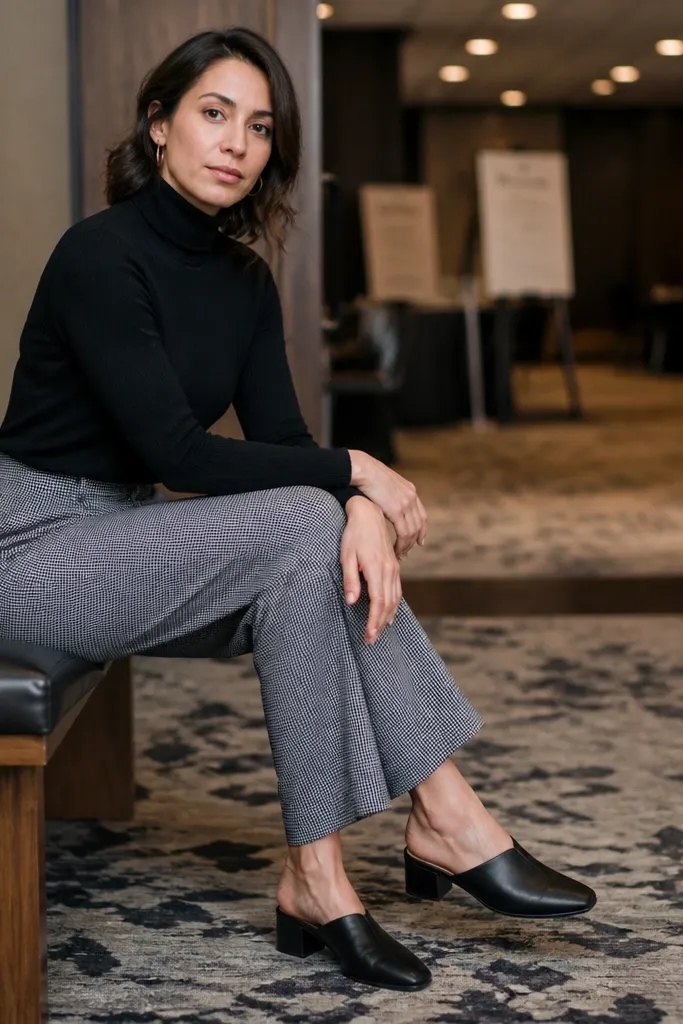 Black turtleneck with grey houndstooth trousers and black mules
