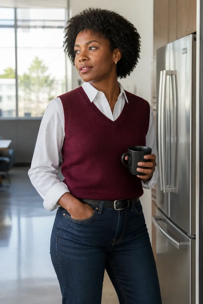 Burgundy sweater vest over white button-down with straight-leg jeans