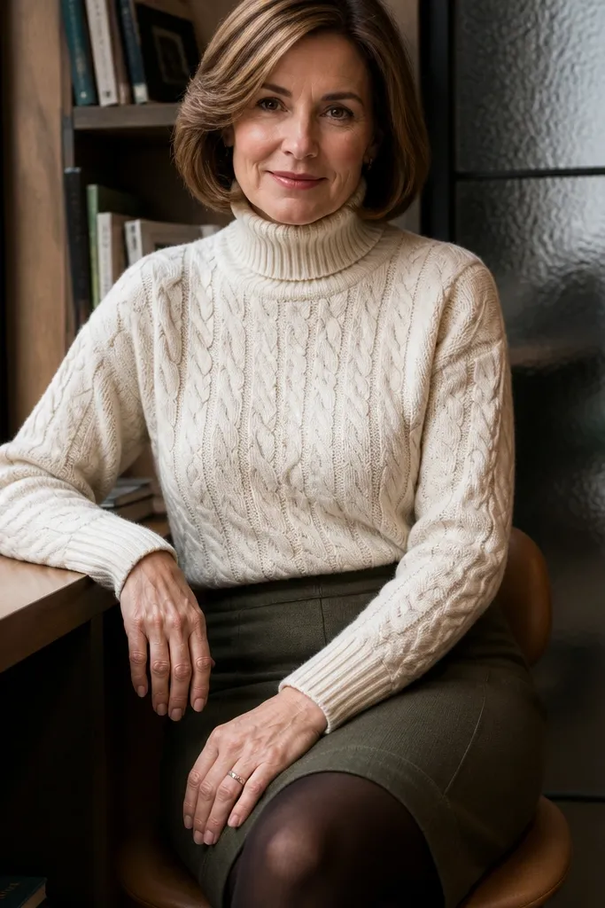Cream cable knit turtleneck with olive pencil skirt and dark tights