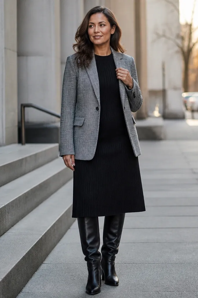 Grey plaid blazer over black knit dress with knee-high boots