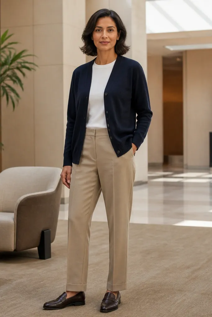 Navy cardigan over white tee with tailored khaki trousers and loafers