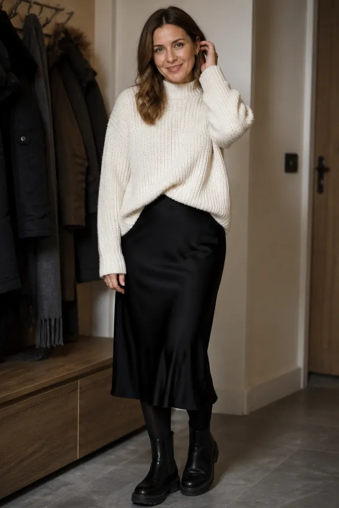 Black slip skirt with chunky knit sweater and black ankle boots