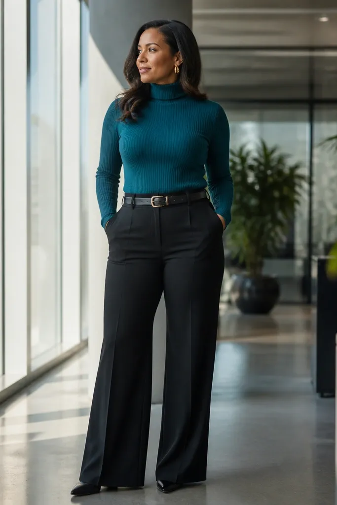 Teal turtleneck sweater with black wide-leg trousers and belt