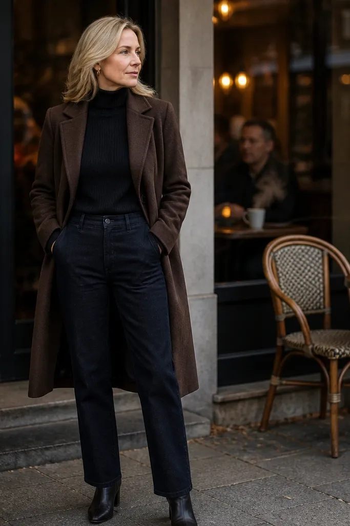 Brown wool coat over black turtleneck with dark straight denim