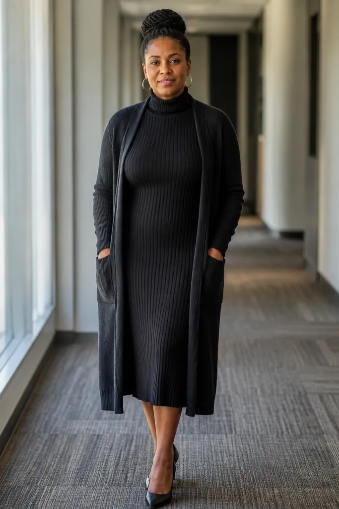Ribbed black midi turtleneck dress with long cardigan and ankle boots