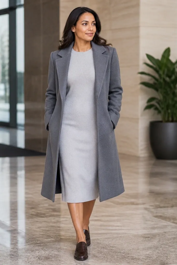 Light grey sweatshirt dress with structured coat and brown loafers