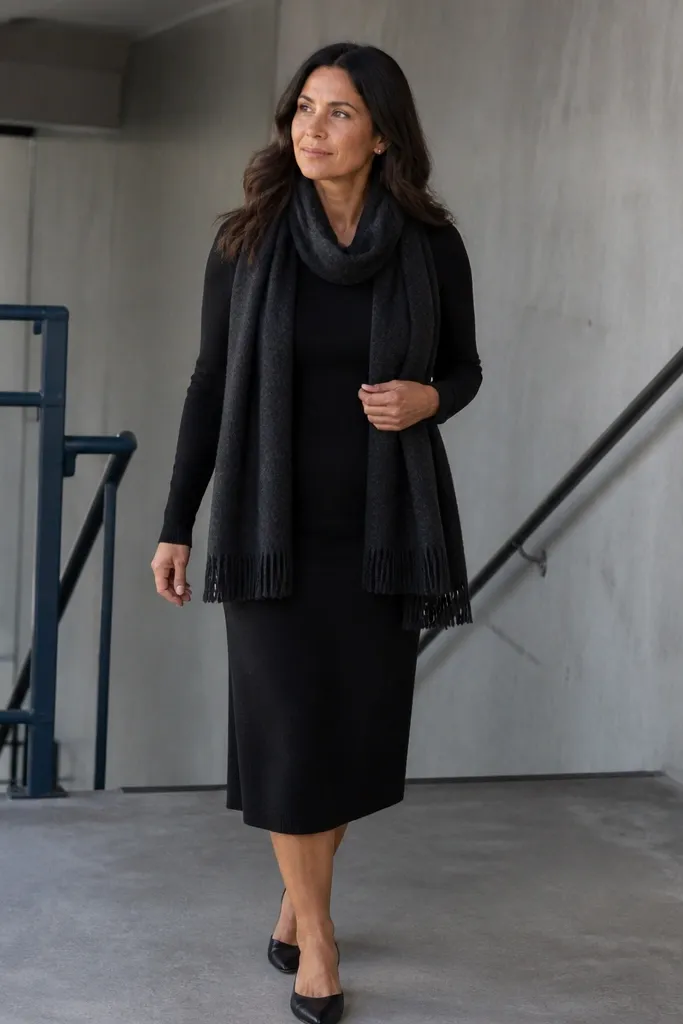 Black midi skirt with fitted knit top and long scarf
