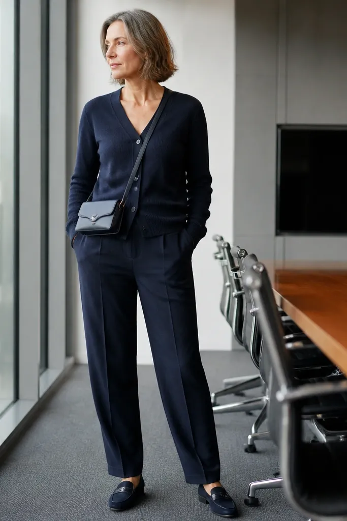 Navy cardigan set with matching trousers and a belt bag