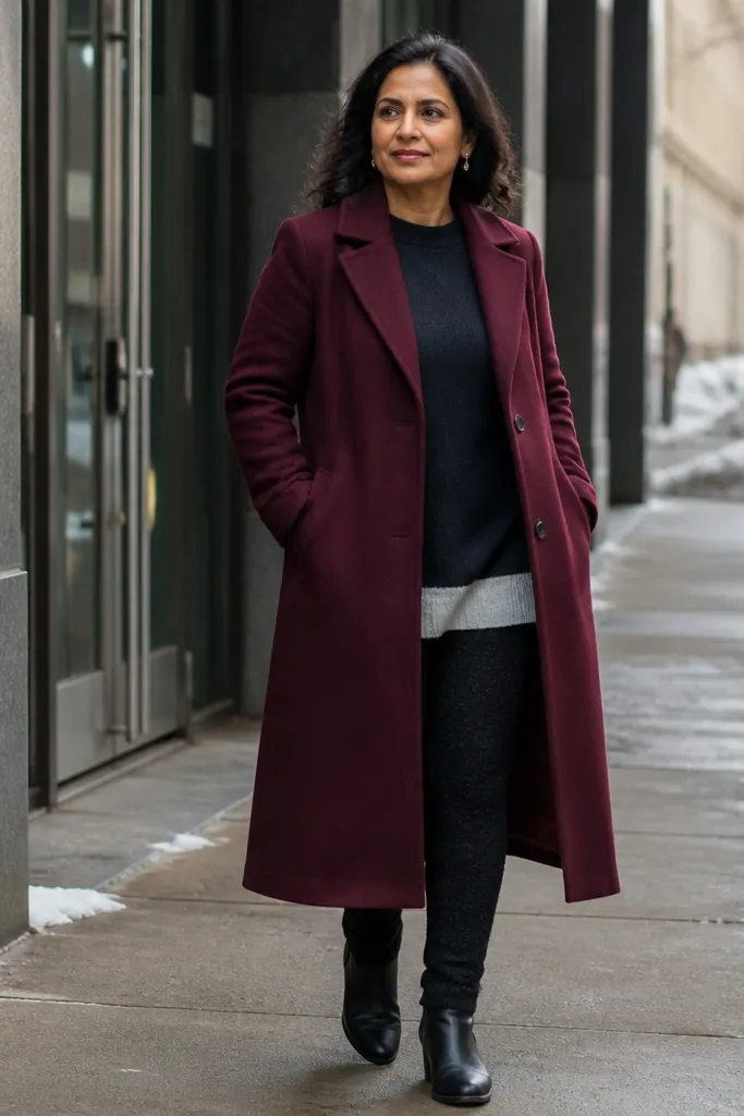 Burgundy maxi coat with black knit leggings and a long sweater tunic