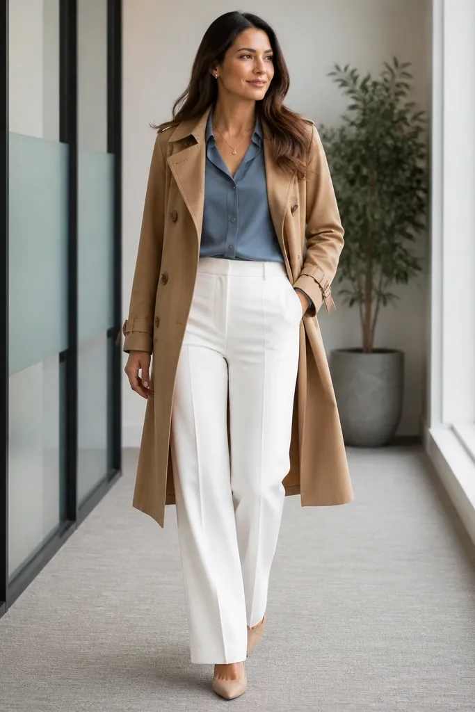 Steel blue blouse with white trousers and camel trench coat