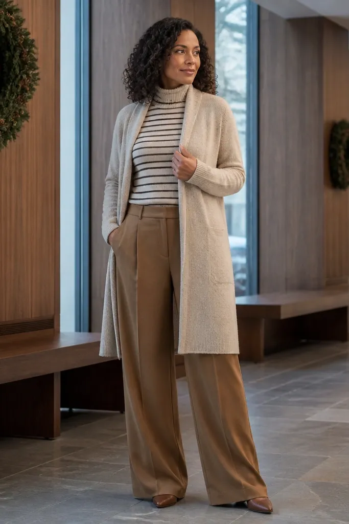 Oatmeal cardigan coat over striped turtleneck with wide-leg trousers and ankle boots
