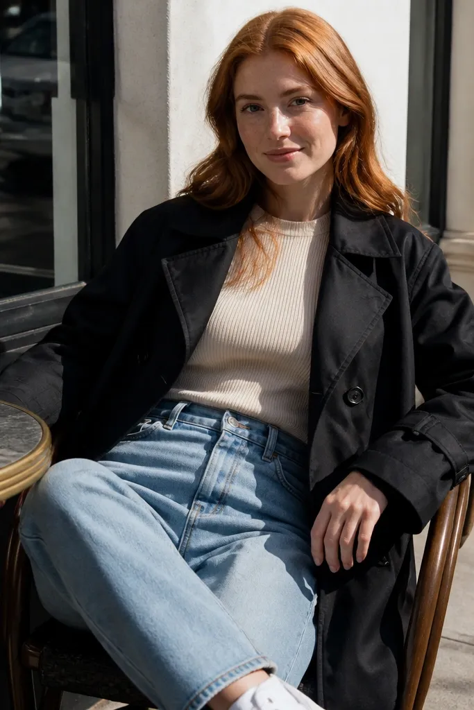 Cream bodysuit with light jeans and brown ankle boots under a cropped black trench