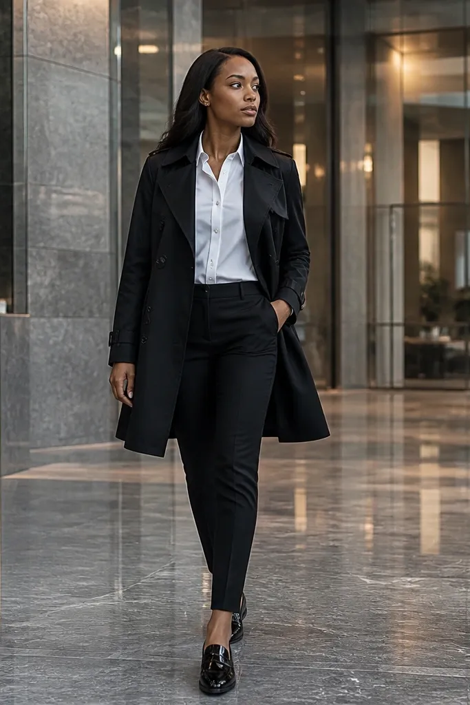 White shirt with black trousers and patent loafers under cropped black trench coat
