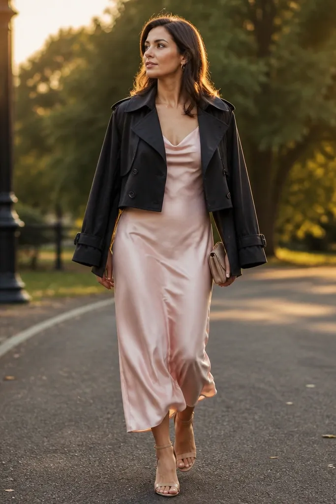 Ballet pink slip dress with nude heels under a cropped black trench coat