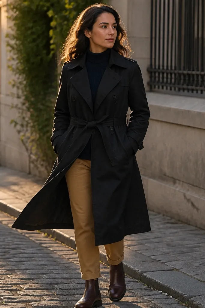 Navy turtleneck with camel chinos and dark brown Chelsea boots under cropped black trench