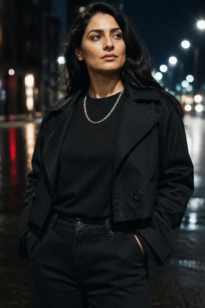 Black tee with straight-leg jeans and silver chain under cropped black trench coat