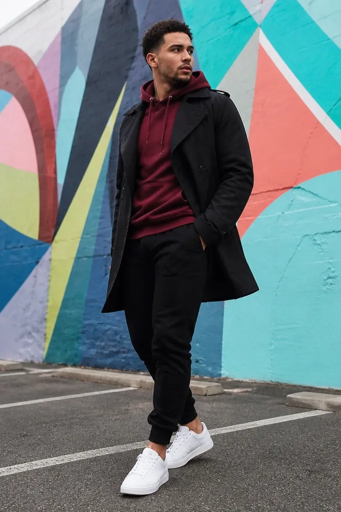 Burgundy hoodie with black joggers and white sneakers under cropped black trench coat