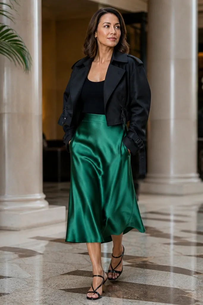 Green satin midi skirt with black ribbed tank and strappy mules under cropped black trench
