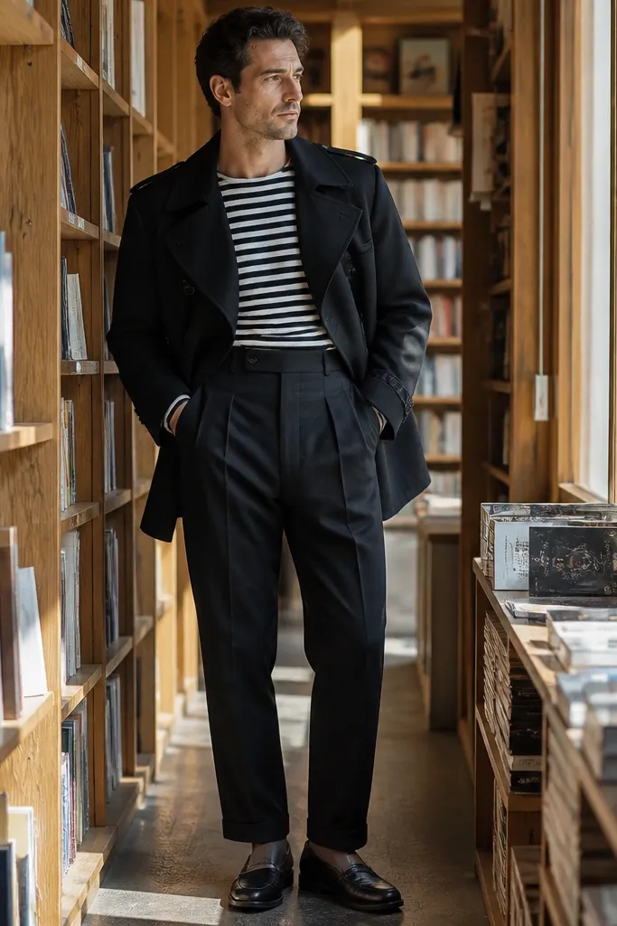 Striped tee with pleated black trousers and black loafers under cropped black trench