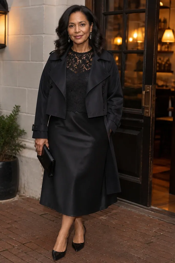 Black slip skirt with lace long-sleeve top and pointed-toe flats under cropped black trench