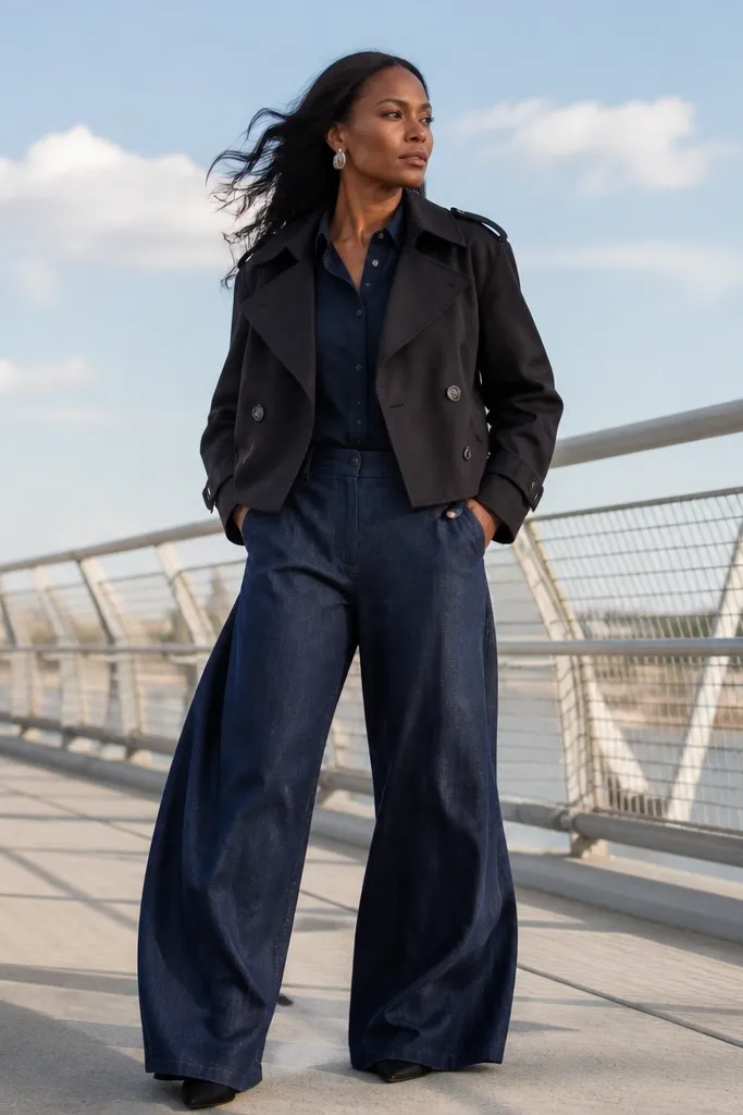 Navy shirt with indigo wide-leg pants and cropped black trench coat
