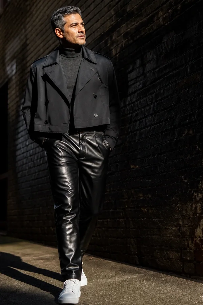 Charcoal turtleneck with black leather pants and white sneakers under cropped black trench