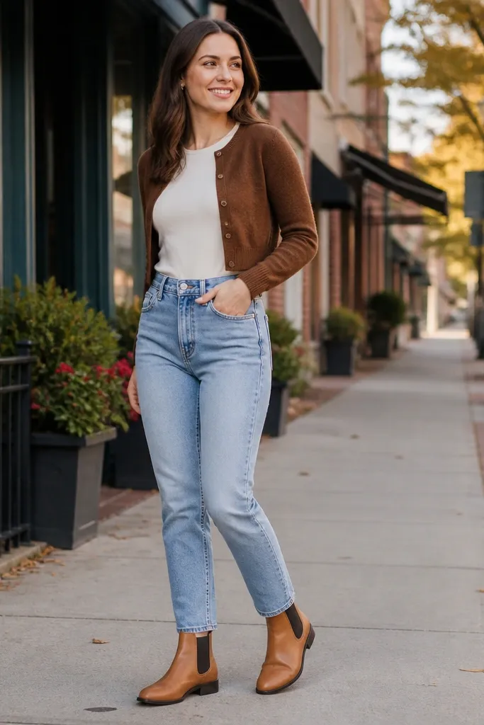 Cropped brown cardigan over cream tee with light jeans and tan Chelsea boots
