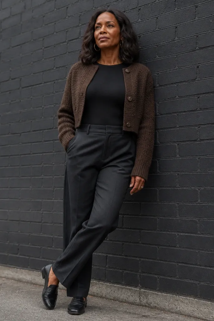 Chocolate cropped cardigan over black bodysuit with straight-leg trousers and loafers