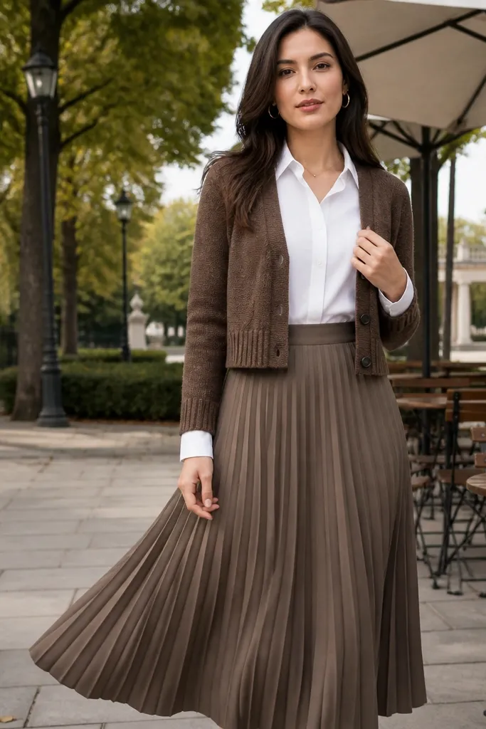 Cropped brown cardigan over white button-up with a pleated midi skirt and ballet flats