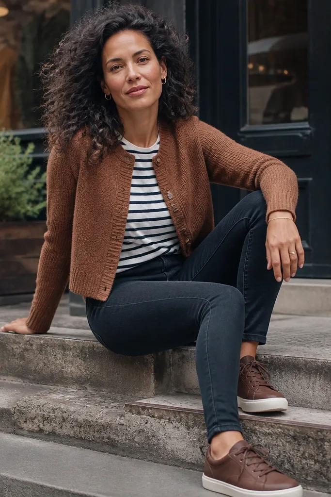 Tobacco cropped cardigan over striped Breton tee with dark skinny jeans and brown sneakers