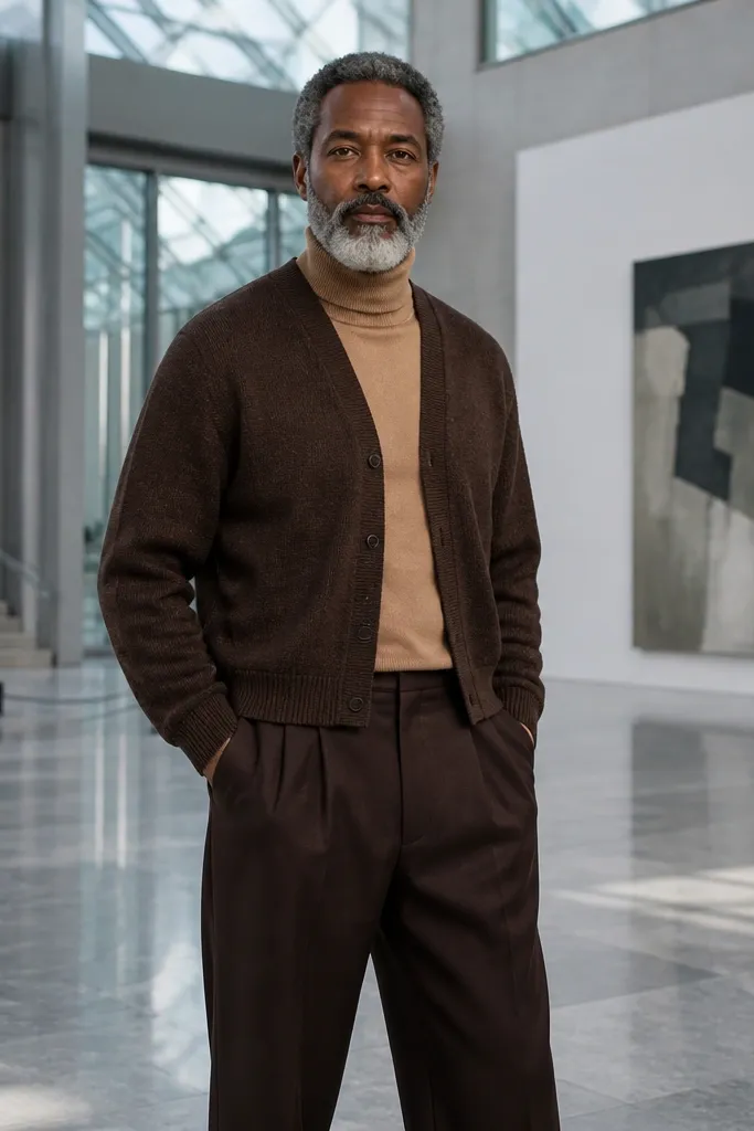 Dark brown cropped cardigan over camel turtleneck with wide-leg trousers and loafers