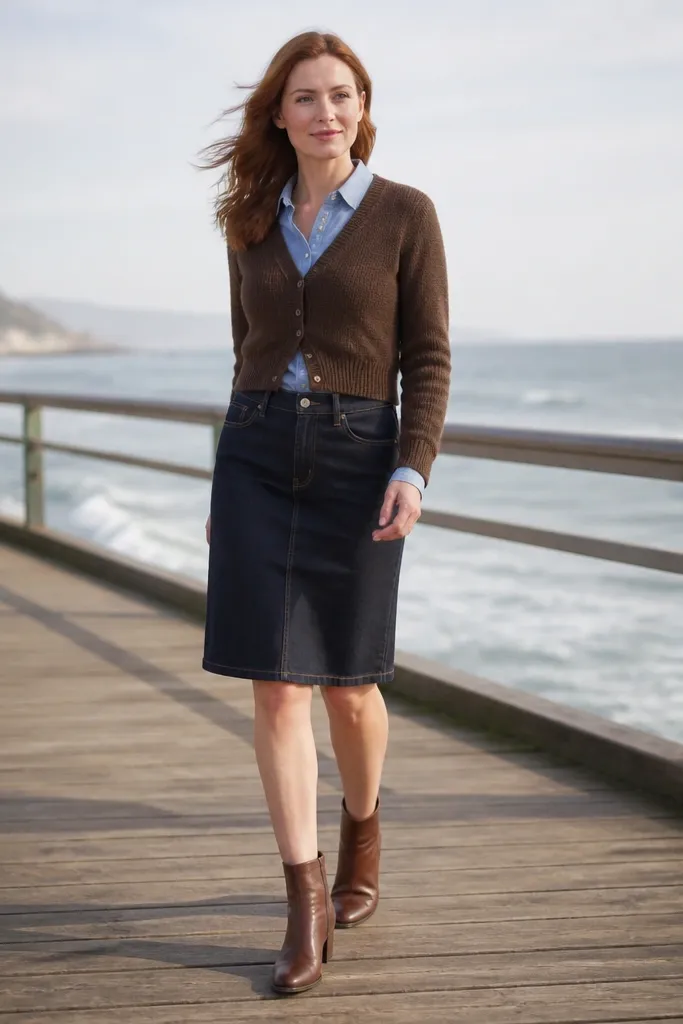Cropped brown cardigan over dusty blue shirt with dark denim skirt and ankle boots