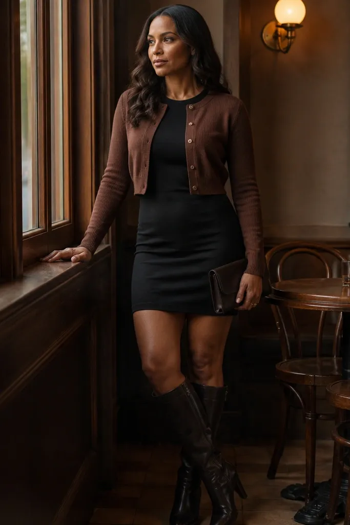 Cropped brown cardigan over black mini dress with knee-high boots