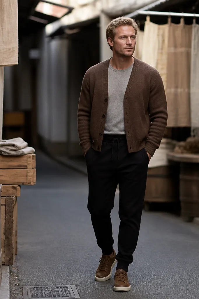 Mocha cropped cardigan over grey tee with black joggers and white sneakers