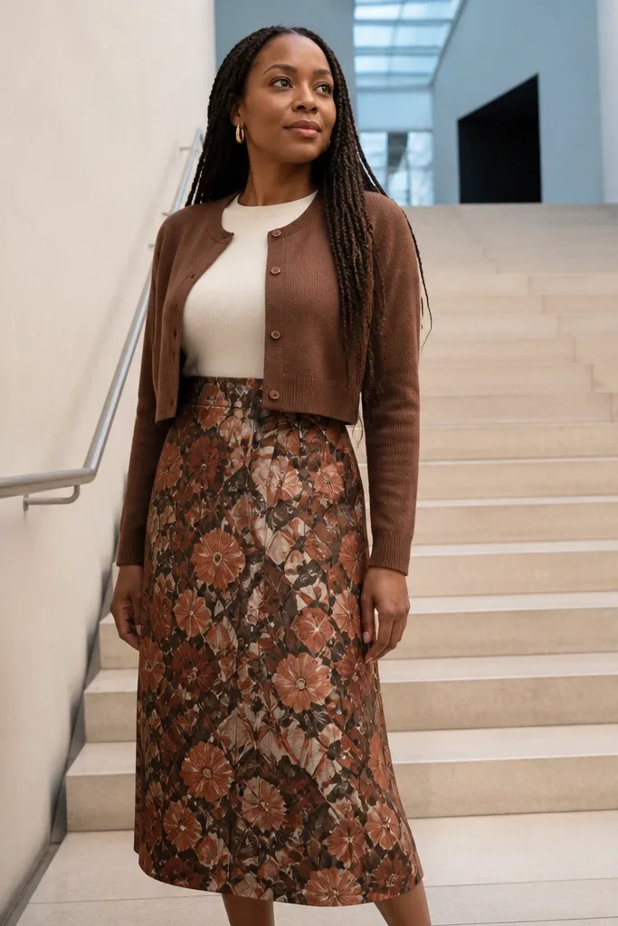 Cropped brown cardigan over fitted long-sleeve top with a patterned midi skirt and boots