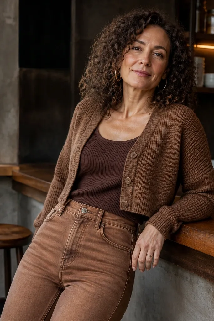 Cropped brown cardigan over knit tank in a matching brown tone with straight jeans