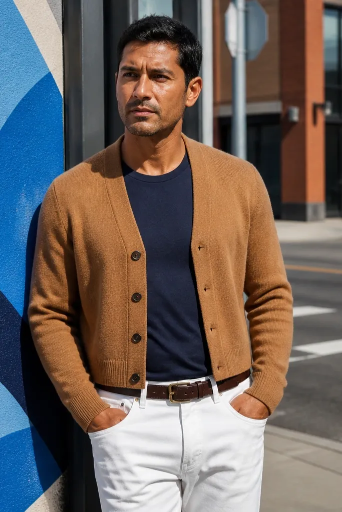 Camel cropped cardigan over navy tee with white jeans and a brown belt