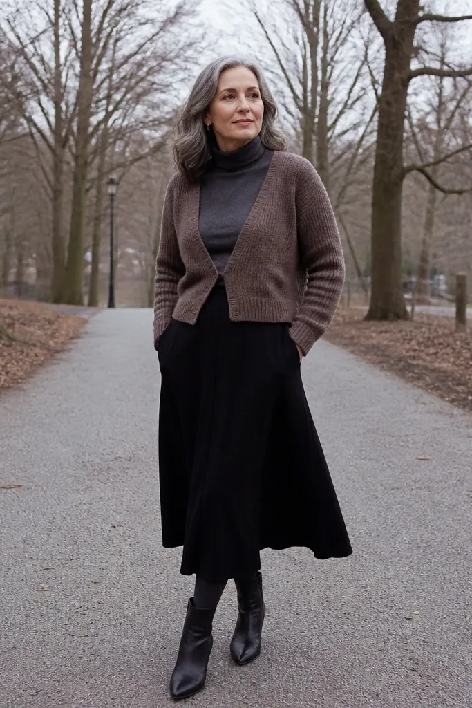 Mocha cropped cardigan over charcoal turtleneck with black midi skirt and heeled boots