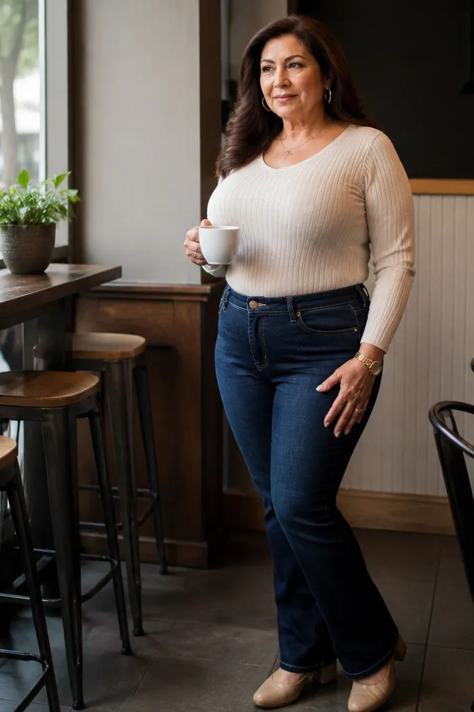 Mid-rise bootcut jeans with a cream ribbed bodysuit and taupe low block heels