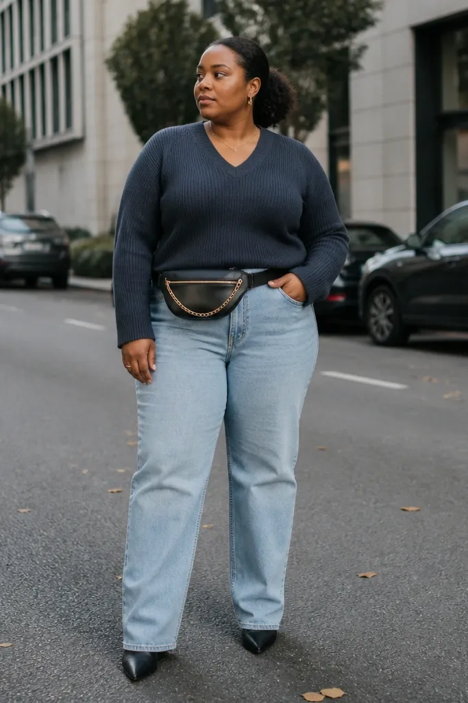 Light wash straight jeans with a navy V-neck sweater and a small belt bag