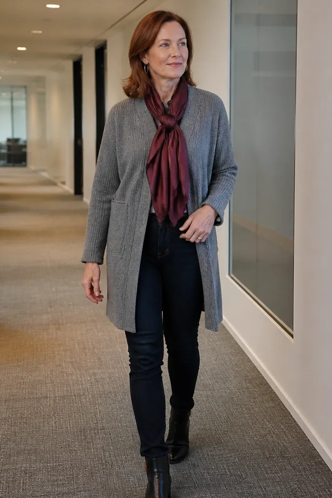 Dark skinny jeans with a longline cardigan and a silk scarf at the neck